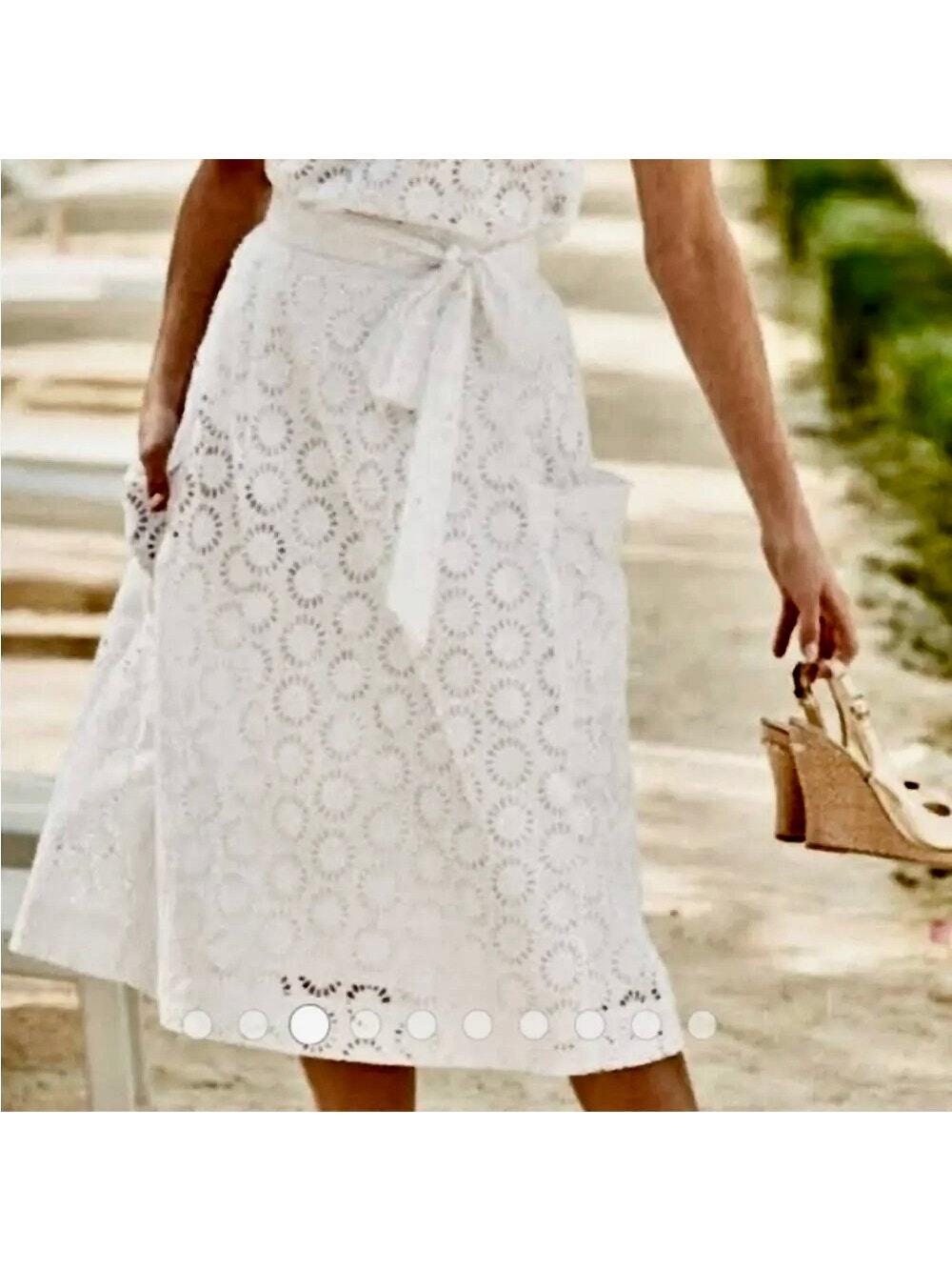 Lilly Pulitzer White Eyelet Cotton Midi Peasant Skirt w/Bow Boho Preppy Cottage